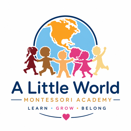 A Little World Montessori logo: children holding hands around a globe